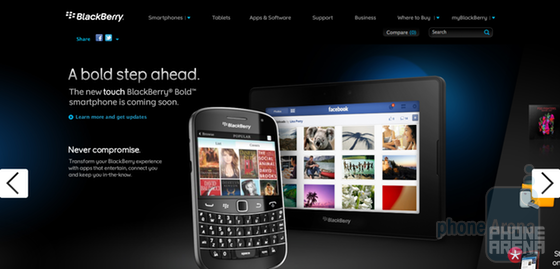 RIM accidentally put this image of the BlackBerry Bold Touch on its home page before the expected introduction of the device next week - RIM puts picture of BlackBerry Bold Touch on its web site prior to introduction