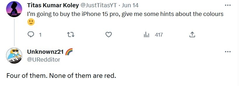 The tweet from tipster Unknownz21 - Rumored new color for iPhone 15 line will not be offered says tipster