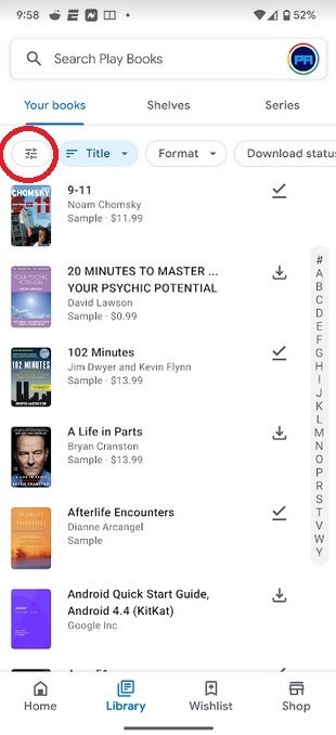 You can also arrange for an index to show up allow you to quickly find an eBook by title or author - Google adds useful new features to the Android Play Books app