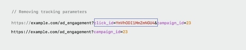 در بالا، URL با شناسه ردیابی که در داخل کادر نشان داده شده است.  در زیر، URL با ویژگی جدید چگونه به نظر می رسد - چگونه iOS 17 ارسال تبلیغات شخصی کاربران آیفون را برای تبلیغ کنندگان دشوارتر می کند