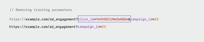 On top, the URL with the tracking identifier shown inside the box. Underneath, what the URL will look like with the new feature - How iOS 17 will make it harder for advertisers to send iPhone users personalized ads