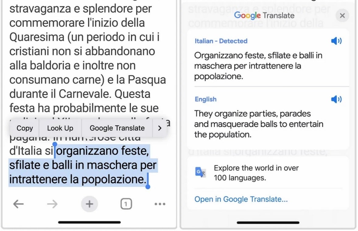 Traduisez une partie d'une page Web dans Chrome sans quitter l'application - Les applications Google telles que Maps, Translate, Calendar et Lens sont intégrées à l'application iOS Chrome