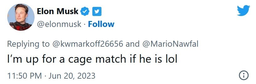 Elon Musk says he's willing to take on Mark Zuckerberg in a cage match - Would you pay to see Musk fight Zuckerberg in a cage match? It could be on!