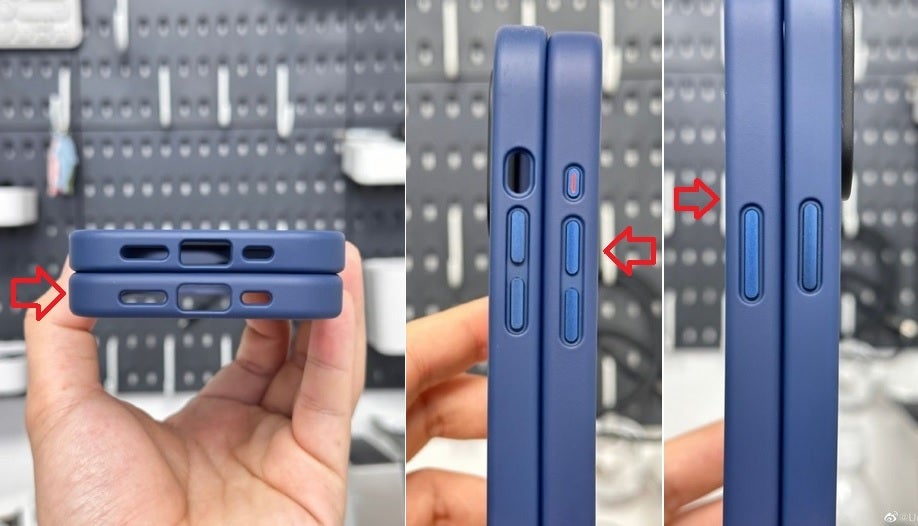 Arrows point to the case for the iPhone 15 Pro which is being compared to a case for the iPhone 14 Pro - Second iPhone 15 Pro case leak reveals a slightly different placement for power and volume buttons