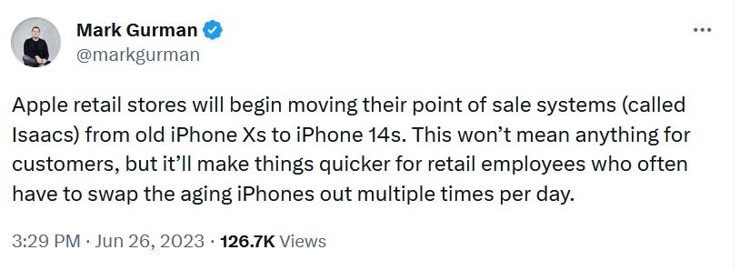 Gurman has some news about the Apple Store upgrading to the iPhone 14 from iPhone X - Apple Store employees get their iPhone X upgraded to iPhone 14
