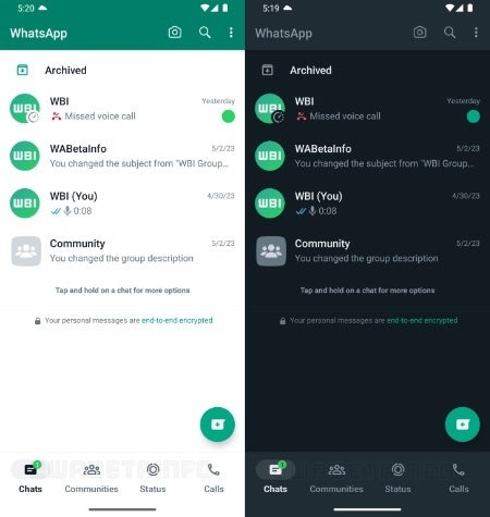 Light vs Dark Bottom Nav Bar | Source - Wabetainfo - WhatsApp tests Material Design tweaks on Android to make it look more like its iOS app