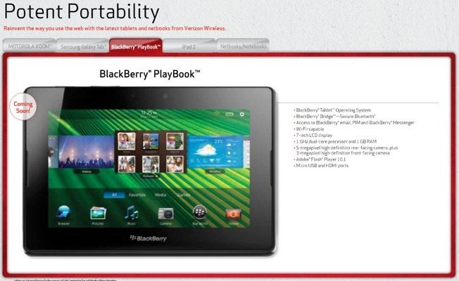 BlackBerry PlayBook is listed in Verizon's 2011 winter consumer guide as “coming soon”