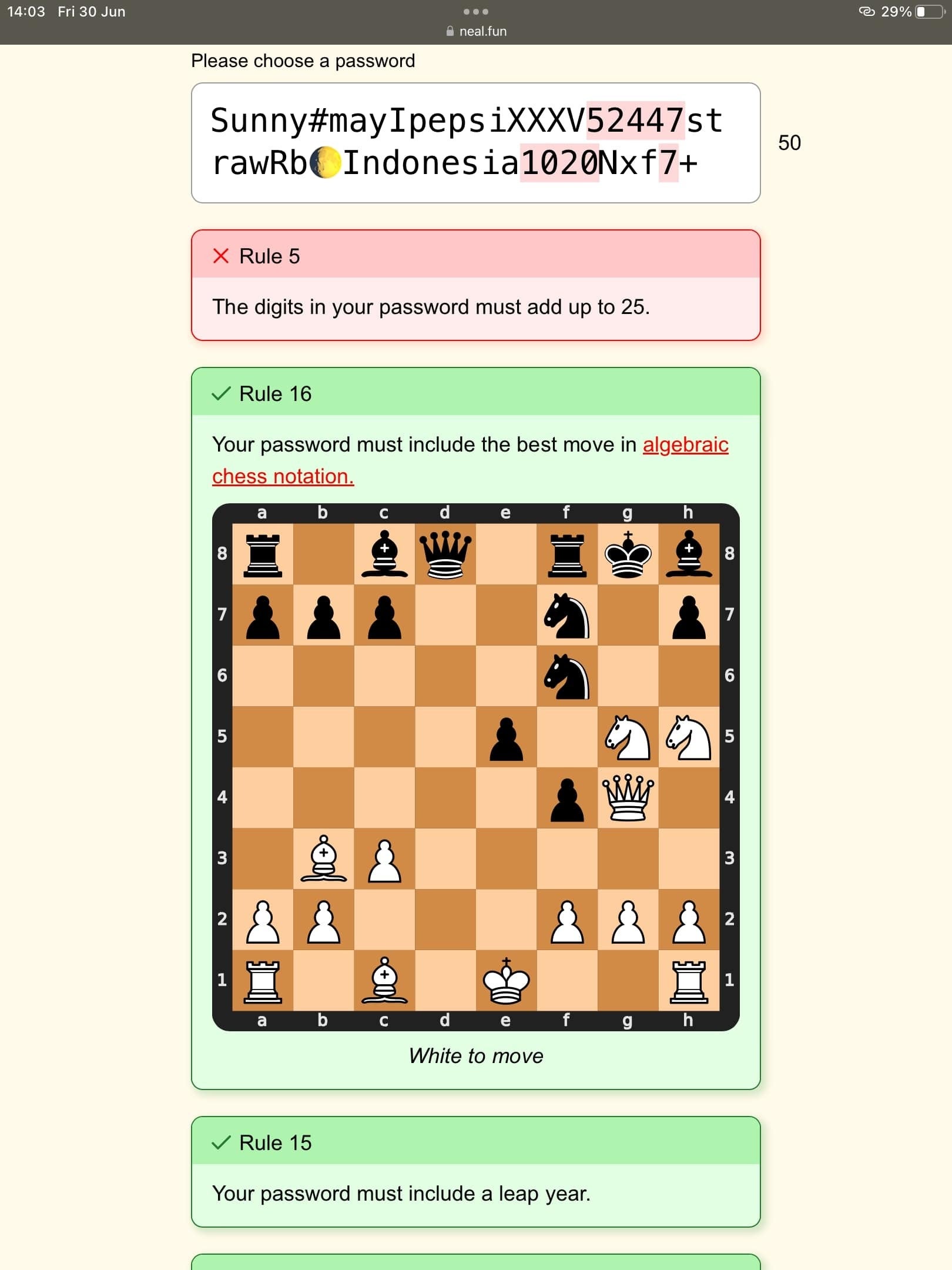 Best move in algebraic chess notation, Password Game rule 16 answers