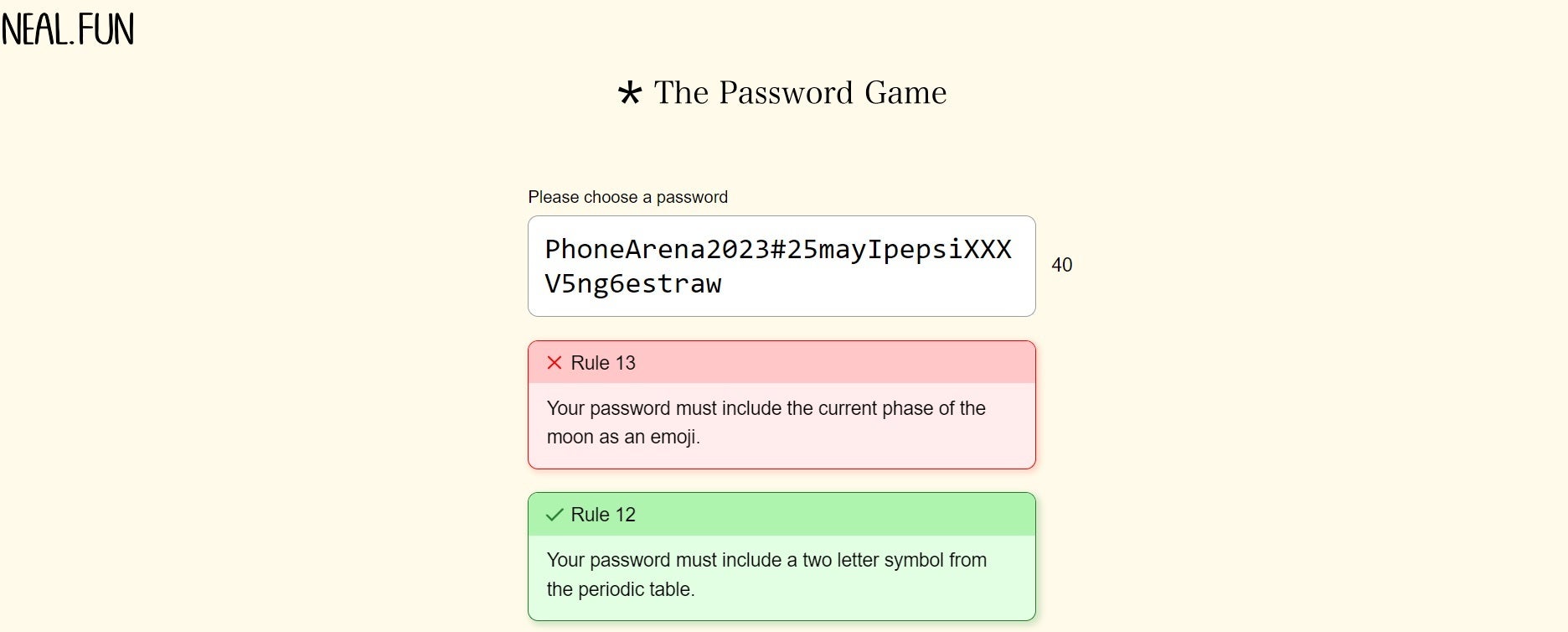 Neal's Fun: Solving The Password Game - Ackadia