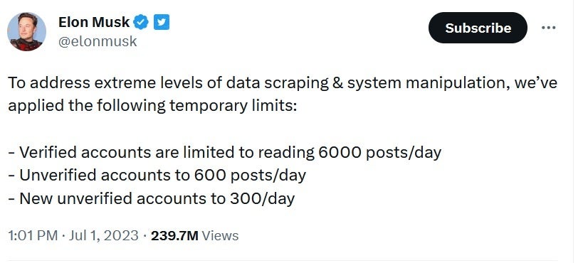Musk tweets the original daily view caps which have since been increased - Musk limits how many tweets Twitter users can read in one day