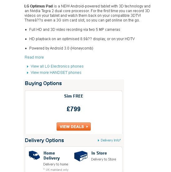 Carphone Warehouse exorbitantly prices the LG Optimus Pad at £799