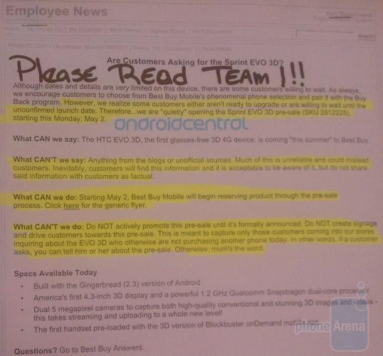 This innternal Best Buy memo says that reps cannot bring up the HTC EVO 3D unless the customer asks about it first - Secret Best Buy pre-sale of HTC EVO 3D starts today