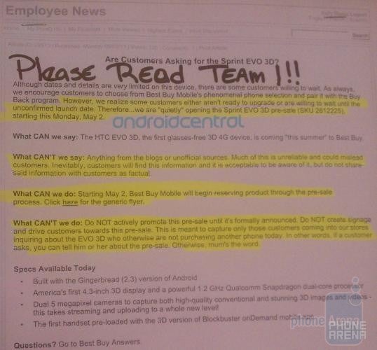 This innternal Best Buy memo says that reps cannot bring up the HTC EVO 3D unless the customer asks about it first - Secret Best Buy pre-sale of HTC EVO 3D starts today