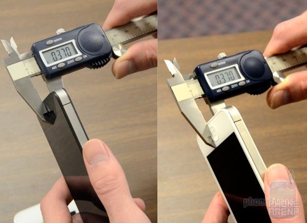 Using a caliper, Consumer Reports measured both the white and black Apple iPhone at .37 inches thick - Consumer Reports: Both black and white Apple iPhone 4 models are exactly the same size