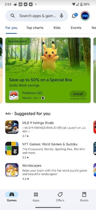One of the Special Event cards that now appear in the Games tab on the Google Play Store - Update to Google Play Store brings special events and deals on popular games