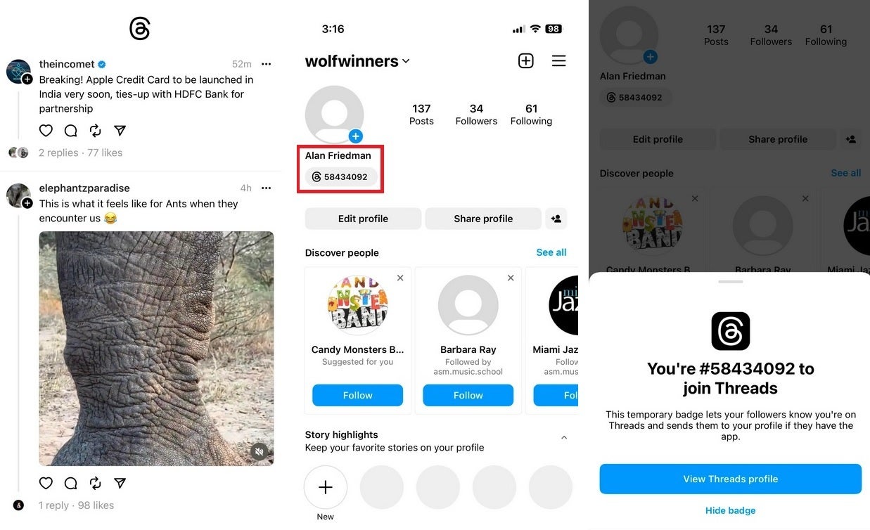 Screenshot from Threads at left, and Instagram at center and right - Instagram's Threads has close to 100 million subscribers after launching five days ago