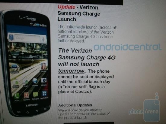 This internal screenshot for Costco employees says that the Samsung DROID Charge will not launch Tuesday as expected - Costco says Samsung DROID Charge will not launch today; Walmart leaks its price