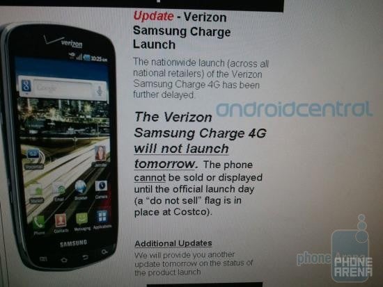 This internal screenshot for Costco employees says that the Samsung DROID Charge will not launch Tuesday as expected - Costco says Samsung DROID Charge will not launch today; Walmart leaks its price