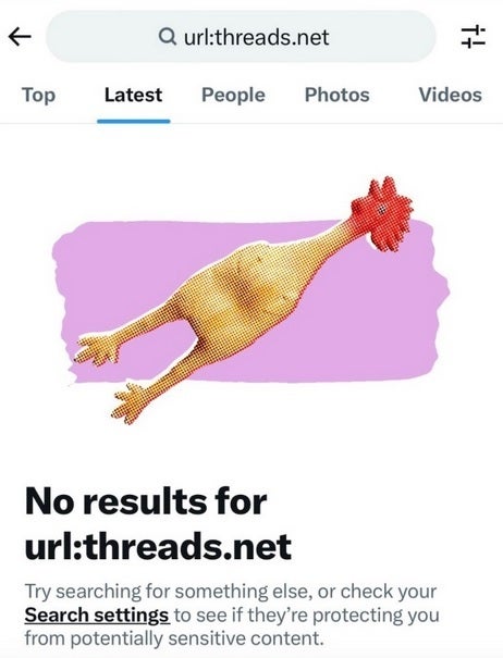 Twitter blocks some searches for tweets that link to Threads although Threads URLs can be posted for now - Twitter CEO says platform is growing but web traffic data shows &quot;Twitter traffic tanking&quot;