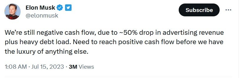 Twitter owner Elon Musk passes along some bad news - Musk says a 50% drop in ad revenue for Twitter is causing negative cash flow
