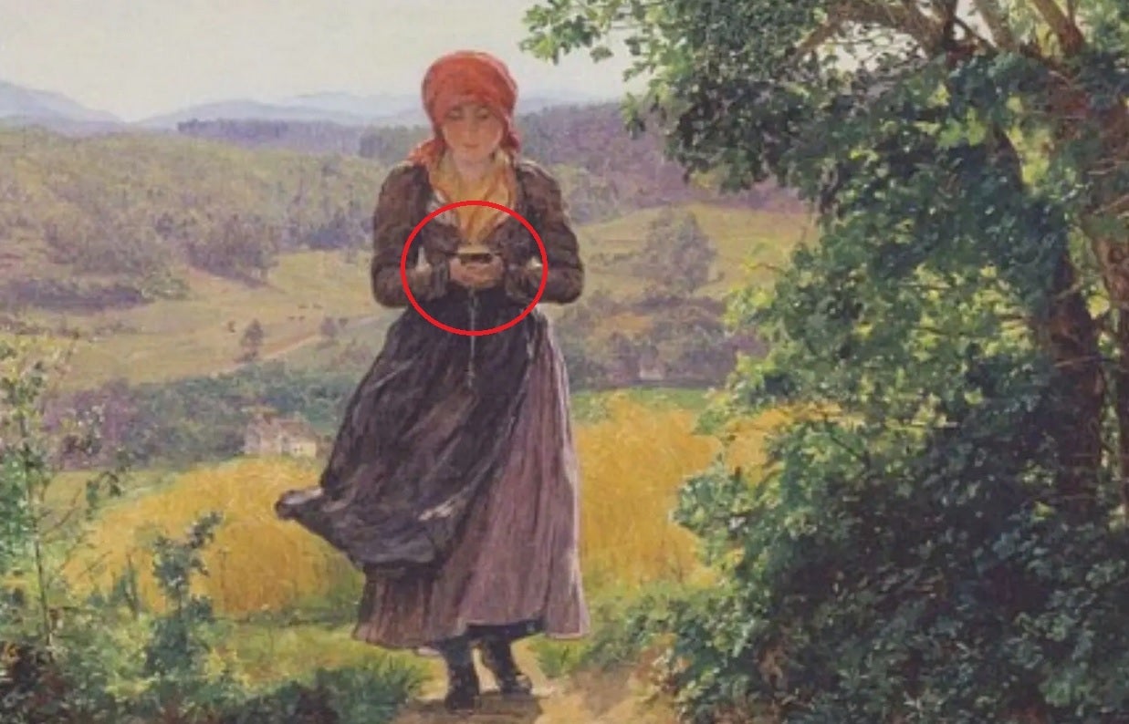 Portion of &quot;The Expected One&quot; showing a woman in the modern &quot;smartphone-reading&quot; position - 1860&#039;s painting shows a woman holding her smartphone in modern interpretation