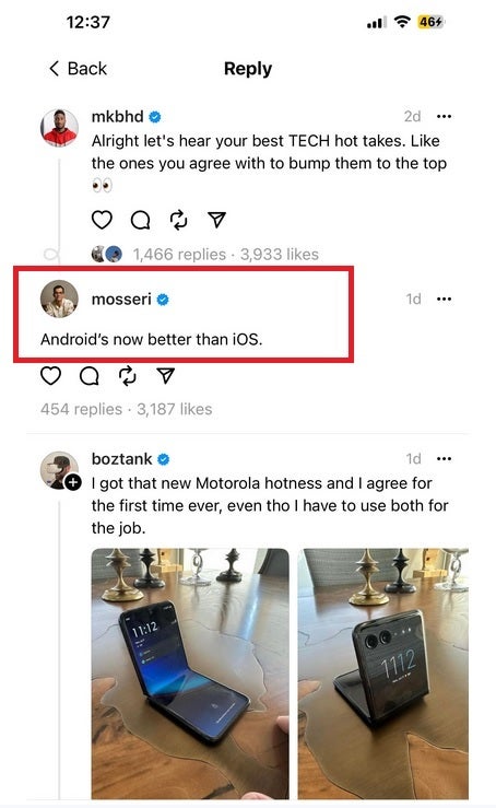 Instagram chief on Threads writes that Android is now better than iOS - Instagram's head honcho says on Threads that "Android's now better than iOS"