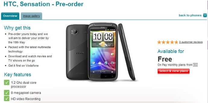 HTC Sensation available for pre-order at Vodafone, release date stated as May 19