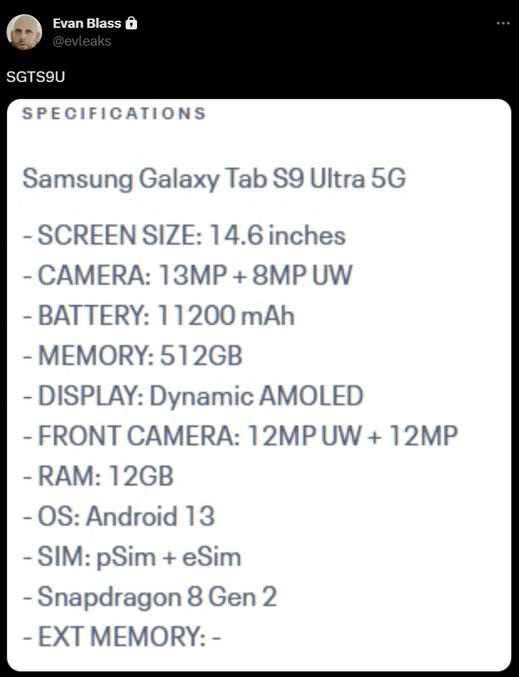 Nouvelles fuites du Samsung Galaxy Tab S9 Ultra: capacité eSIM possible