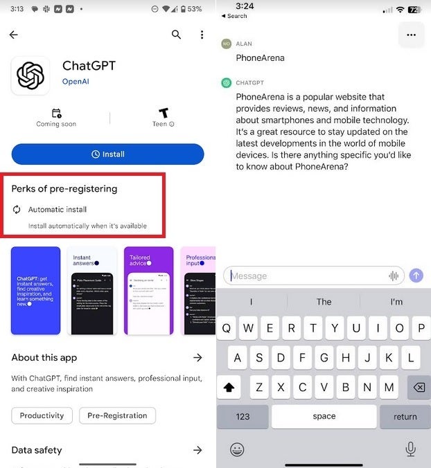 At left, Android users can now pre-register for the ChatGPT app from the Play Store; on the right, the iOS version of the app - ChatGPT app is coming to Android next week; pre-register now to have it automatically installed