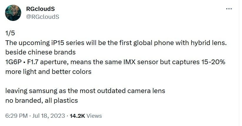 Tweet from tipster says Apple will equip the iPhone 15 series with a hybrid lens for the primary camera - Tipster says iPhone 15 series will be the first global phones to use a hybrid lens technology
