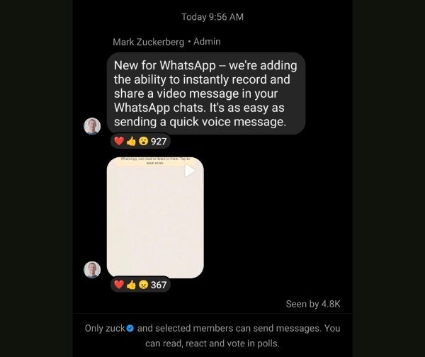 WhatsApp begins rollout of instant video messages in chats