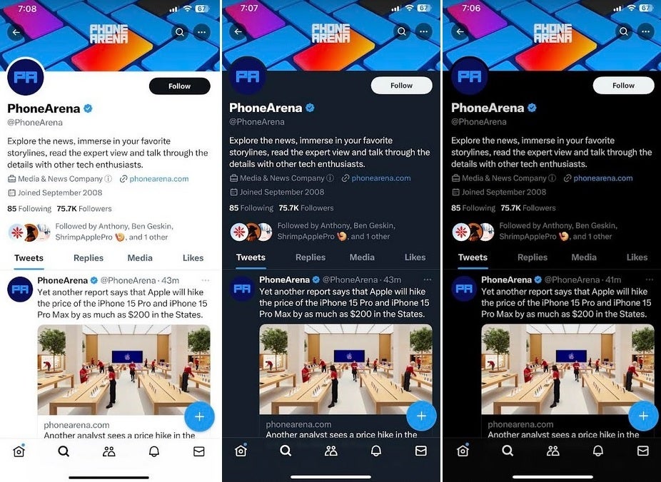From left to rig - Light Mode, Dim Mode, and Dark Mode - Musk announces that Twitter will be Dark Mode only but changes his mind