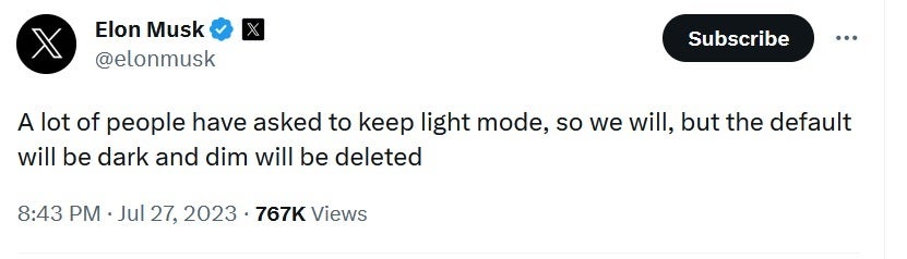 Musk changes his mind again and removes Dim Mode instead of Light Mode - Musk announces that Twitter will be Dark Mode only but changes his mind