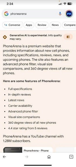 Google's SGE gives its own response to a search for PhoneArena on the Google app - It's hard to believe what a top Google exec tells Bard users to do to the AI chatbot's responses (UPDATE)