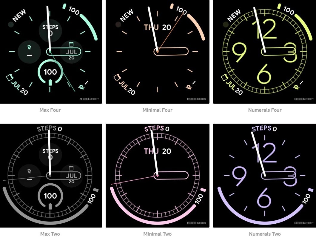The six options available for the Arc watch face - Anonymous Google insider leaks exclusive watch faces for the Pixel Watch 2