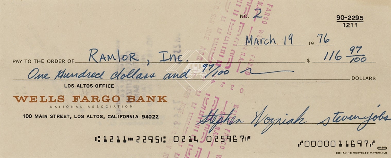 The second check issued by Apple, signed by Steve Wozniak and Steve Jobs, is being auctioned off - Second check ever issued by Apple, signed by Steves Jobs and Wozniak, is being auctioned off