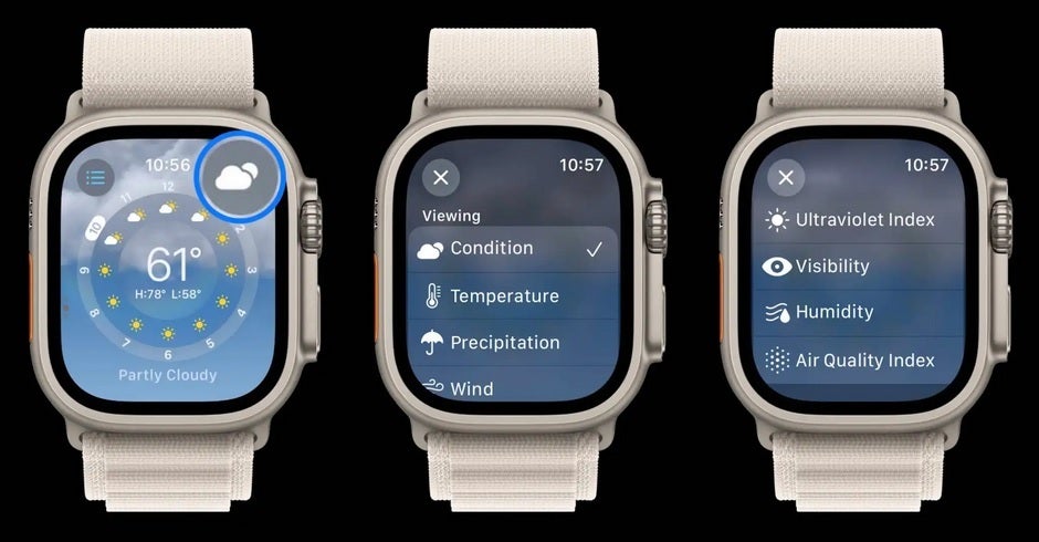 To see a specific weather metric, tap the cloud icon on the upper right corner - Updated Apple Watch Weather app for watchOS 10 is more informative