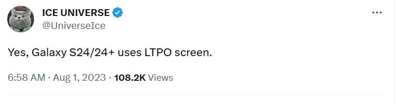 Tipster Ice Universe says that the Galaxy S24 and Galaxy S24+ will sport LTPO screens - Galaxy S24 and S24+ tipped to finally get an "Ultra" feature that can save battery life
