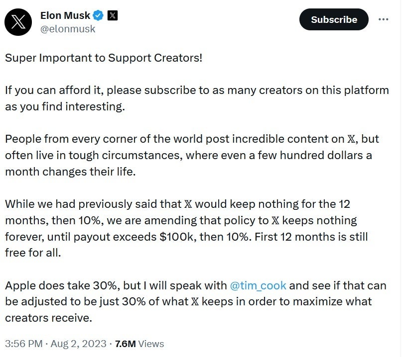 Musk says that he will meet with Tim Cook in an attempt to modify the Apple Tax - Musk wants to talk to Tim Cook about leaving X creators' money out of Apple's hands