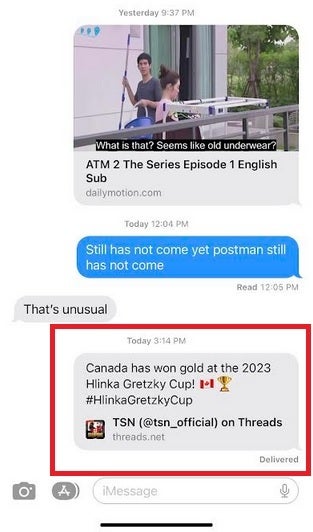 Rich post links for Threads content on iMessage - Feature for iMessage shows that Apple supports Threads; website coming soon for X competitor