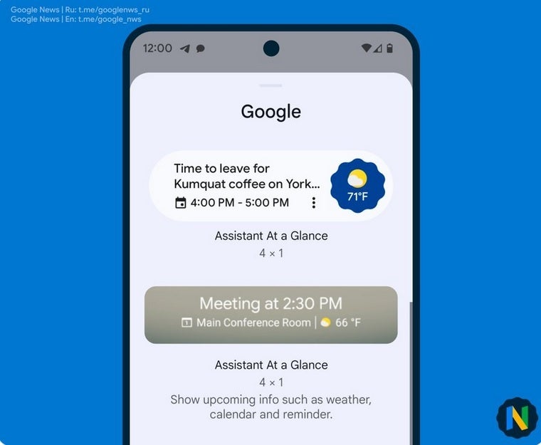 The new Assistant at a Glance widget on top. Image credit-Google News Telegram - The latest version of Pixel's At a Glance widget is coming soon to non-Pixel Android phones (VIDEO)
