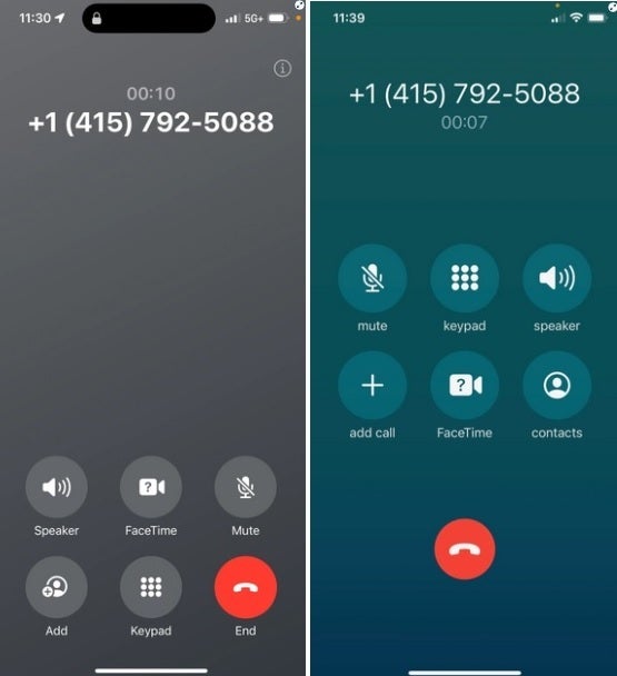 At left, the new screen in iOS 17 and at right, the current screen - Key button on Phone app gets new location in iOS 17; you might need time to get used to the change