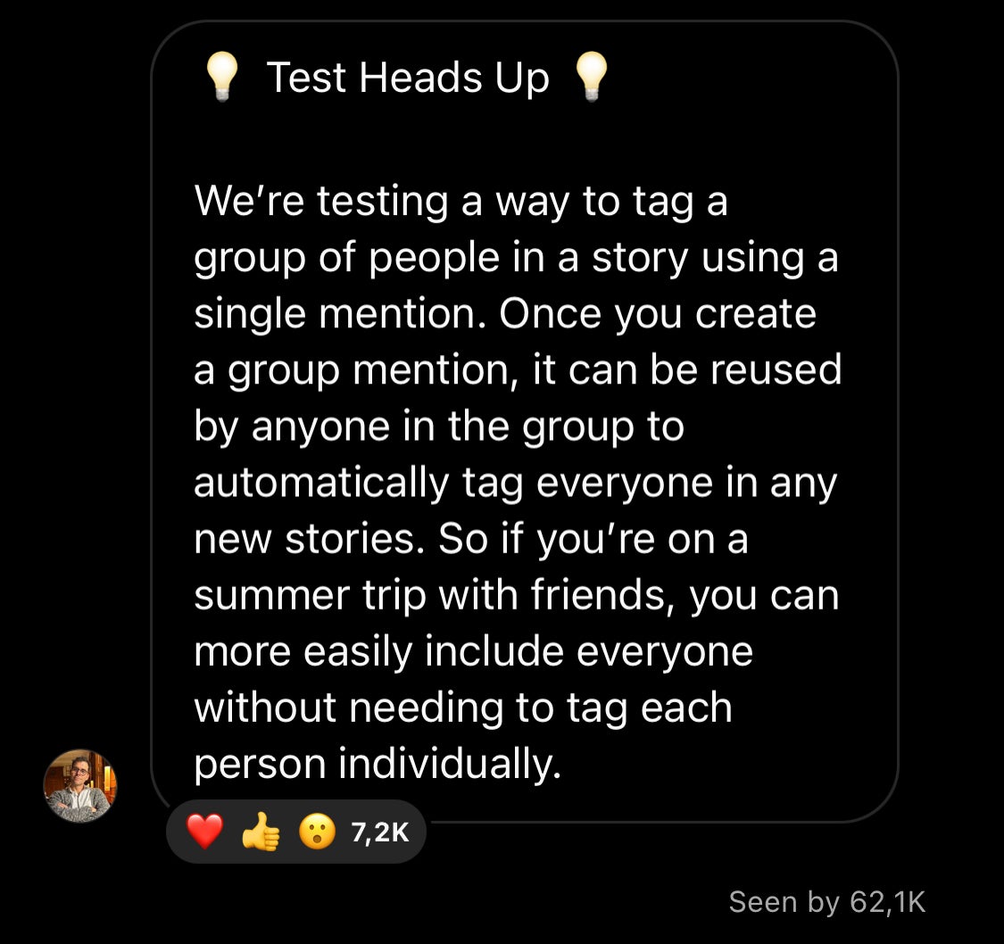 Screenshot from the Instagram Updates broadcast channel - Instagram tests a way to tag a group of people in a story