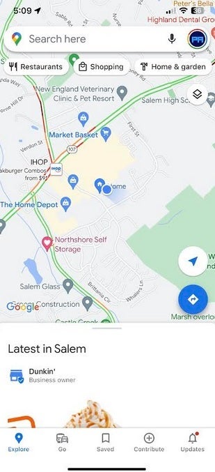 If Explore's Latest in (your area) is on the bottom, you will have to swipe up on the search bar twice to get the full-screen map - It now takes a swipe instead of a tap to see a full-screen map in Google Maps