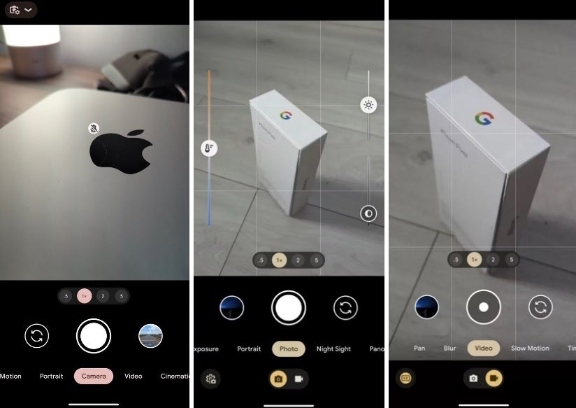 At left is the current UI, in the middle the new Photo UI, and at right the new Video UI. Image credit-Android Police - Anonymous Google insider leaks new Camera UI for Pixel 8 line