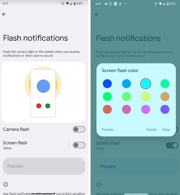 Enable Screen flash and you can choose from 12 options what color your phone screen will blink twice to alert you of a notification - Android 14 adds a very useful accessibilty feature topping Apple&#039;s implementation of it