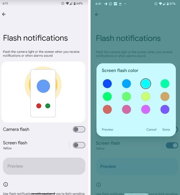 Enable Screen flash and you can choose from 12 options what color your phone screen will blink twice to alert you of a notification - Android 14 adds a very useful accessibilty feature topping Apple's implementation of it