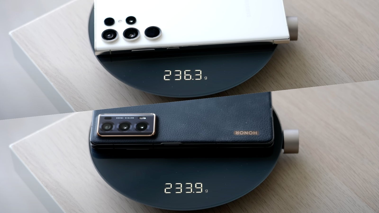 O Galaxy S23 Ultra não é um telefone particularmente leve – assim como o iPhone 14 Pro Max.  Agora é mais pesado que o Honor Magic V2 dobrável (parte inferior).  - iPhone 15 Ultra: a maior atualização de design do iPhone em cinco anos pode ser invisível a olho nu
