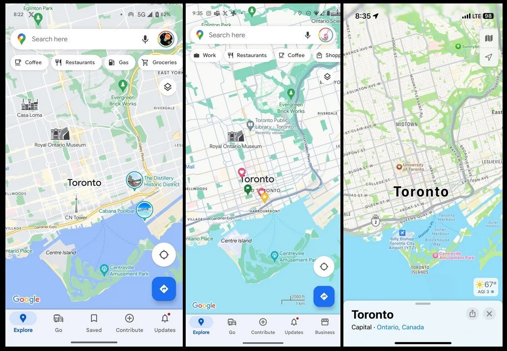 From L to R current Google Maps, new Google Maps, Apple Maps. Image credit-9to5Google - Google Maps tests the use of some colors that copy Apple Maps