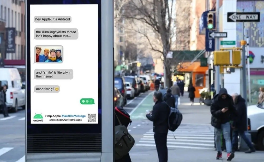 Last year, Google put up signs in Times Square demanding that Apple support RCS - Tomorrow, the EU will decide whether Apple will have to support RCS messaging